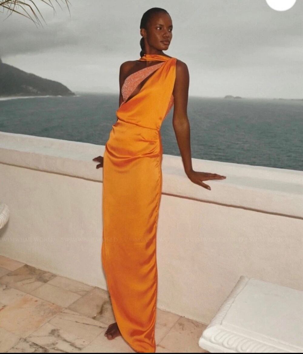 Baobab Maxi Dress Orange Satin One Shoulder Bodysuit Draped Skirt NWT Medium